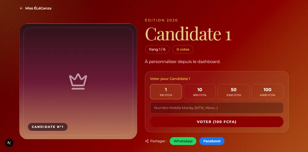 Page d'une candidate sur un site de concours généré par MyEvenements