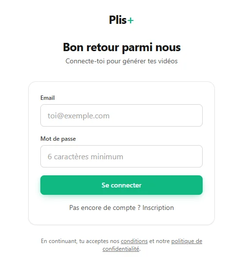 Écran de connexion de Plis+